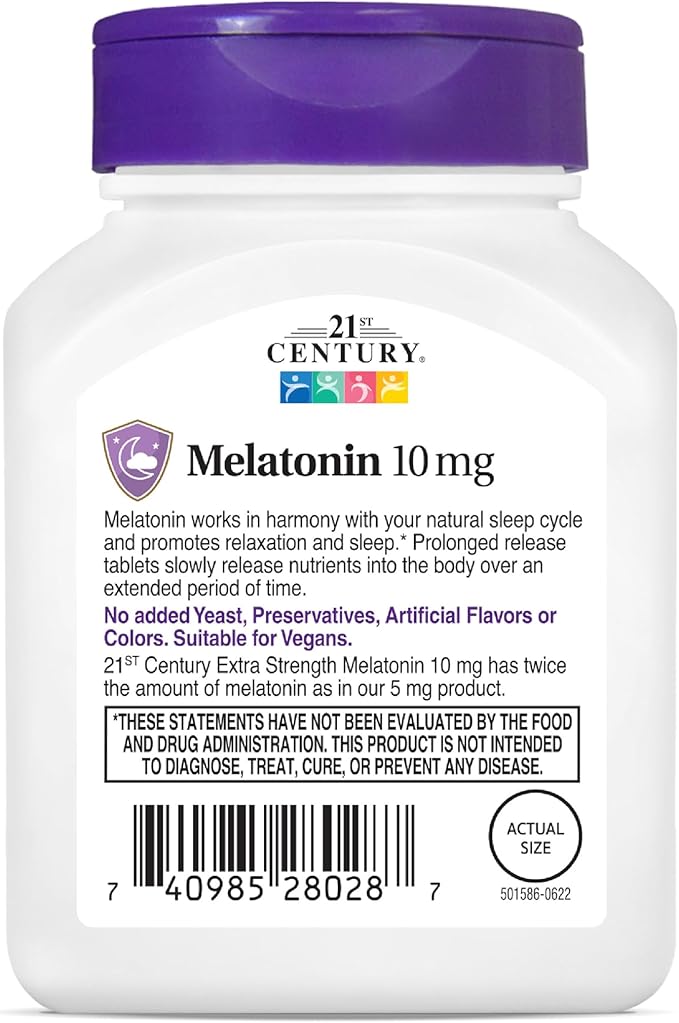 21st Century Melatonin 10mg Extra Strength Tablets, (120 Count), Prolonged Release Sleep Aid for Adults, Promotes Relaxation & Restful Sleep, Non-Habit Forming, Gluten-Free, Non-GMO