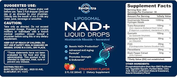 Liposomal NAD Supplement - 1200mg NAD+ Liquid Drops for Women & Men, Nicotinamide Riboside with Resveratrol, PQQ, CoQ10, Quercetin for Anti-Aging, Brain & Cellular Mitochondrial, Strawberry 4 Fl Oz
