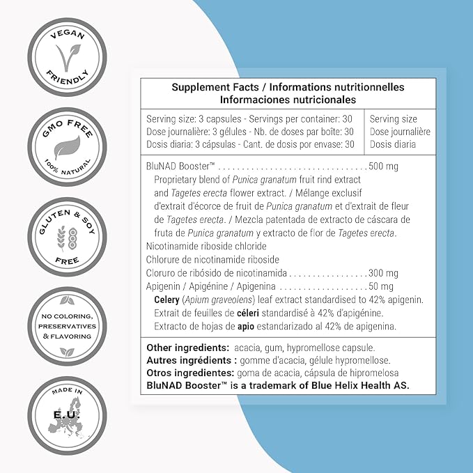 Supersmart NAD+ Booster Formula - Patented BluNAD Complex with Nicotinamide Riboside, Apigenin - Cellular Energy & Vitality | Gluten Free & Vegan - 90 Vegetarian Capsules