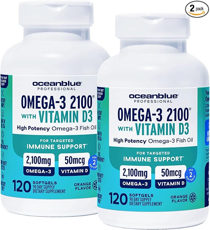 Oceanblue Professional Omega-3 2100 with Vitamin D3 120 ct - 2 Pack Triple Strength Burpless Fish Oil Supplement with High-Potency EPA, DHA, DPA and Vitamin D3 Wild-Caught Orange Flavor