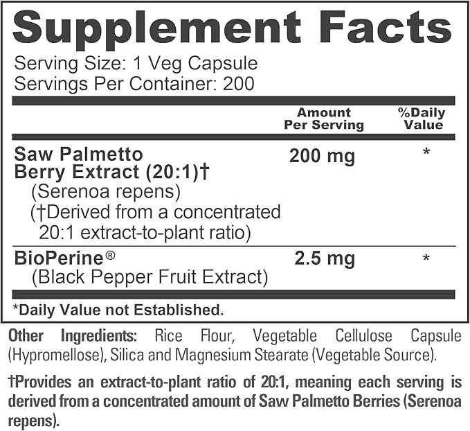 NusaPure Saw Palmetto, 200 mg, 200 Veg Capsules (Non-GMO, Vegan)