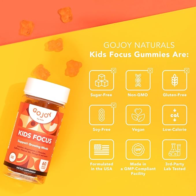Kids Focus Gummies – Saffron, Magnesium Glycinate, L-Theanine & Inositol Supplement for Kids & Teens – Focus, Attention & Calm – Vegan, Sugar-Free, Non-GMO