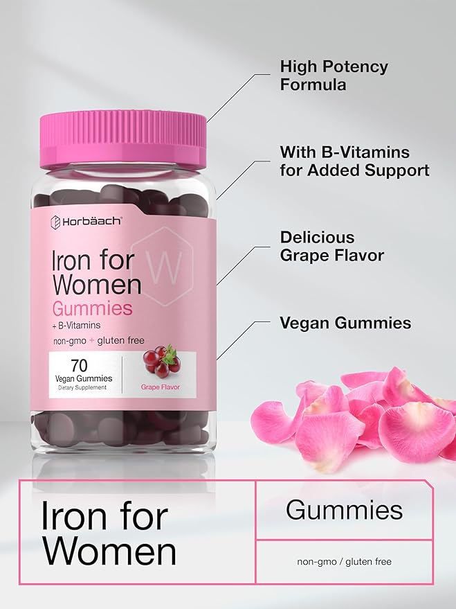 Horbäach Iron Gummies for Women | 70 Count | Grape Flavor | Supplement with B Vitamins Folate and Zinc | Vegan, Non-GMO & Gluten Free