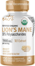 Nutri Organic Lions Mane Supplement Capsules - 1900 mg, 10:1 Dual Extraction, 120 Count - Certified Organic Mushroom Extract (Fruiting Body) - Third Party Tested - Cognitive Support, Heart Health