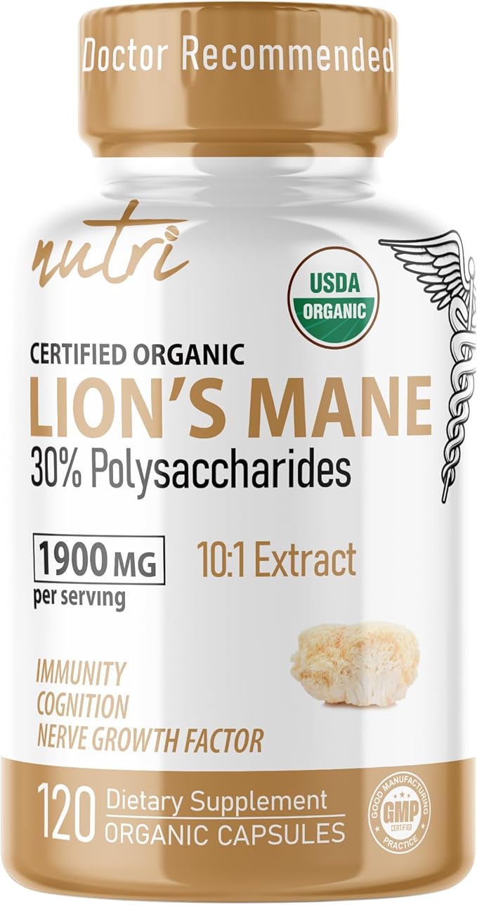 Nutri Organic Lions Mane Supplement Capsules - 1900 mg, 10:1 Dual Extraction, 120 Count - Certified Organic Mushroom Extract (Fruiting Body) - Third Party Tested - Cognitive Support, Heart Health