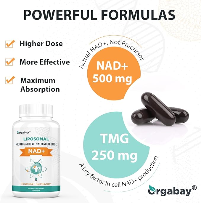 Orgabay Liposomal NAD+ Supplement 500 mg, High Absorption, Boost NAD+ with TMG 250 mg, Actual NAD Plus More Efficient Than Nicotinamide Riboside, Support Cellular Energy, Healthy Aging | 60 Softgels