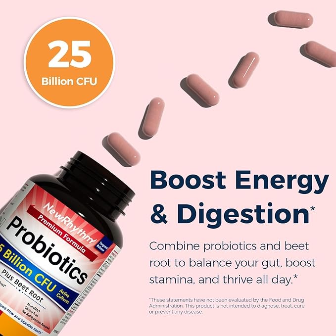 NewRhythm Probiotics for Women & Men 25 Billion CFU, with Organic Beet Root Extract, Nitric Oxide, Circulation, Energy & Heart Health, All Natural, Vegan, Non-GMO, 30 Caps