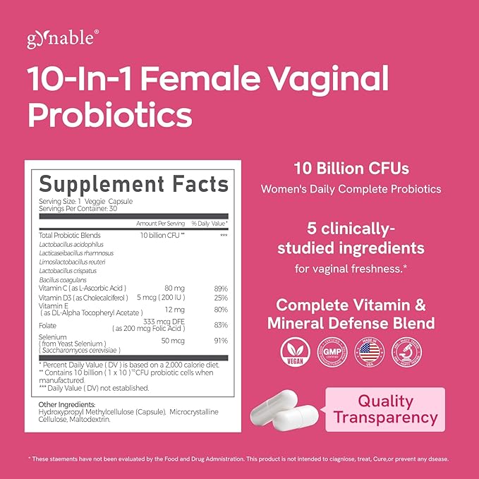 Gynable Vaginal Probiotics for Women Odor & Itch Support, Urinary | pH Balance, Female Probiotics 10 Billion CFU Lactobacillus Probiotics Blend,Selenium-Vitamin C/E/D3 Promote Immune Health,60 Count