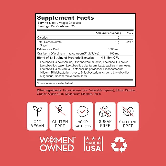 UTI D Mannose with Cranberry & Probiotics for Women | 3 in 1 Supplement, Supports Urinary Tract Health & PH Balance | Effective & USA Made | Vegan, Non-GMO (60 Capsules)