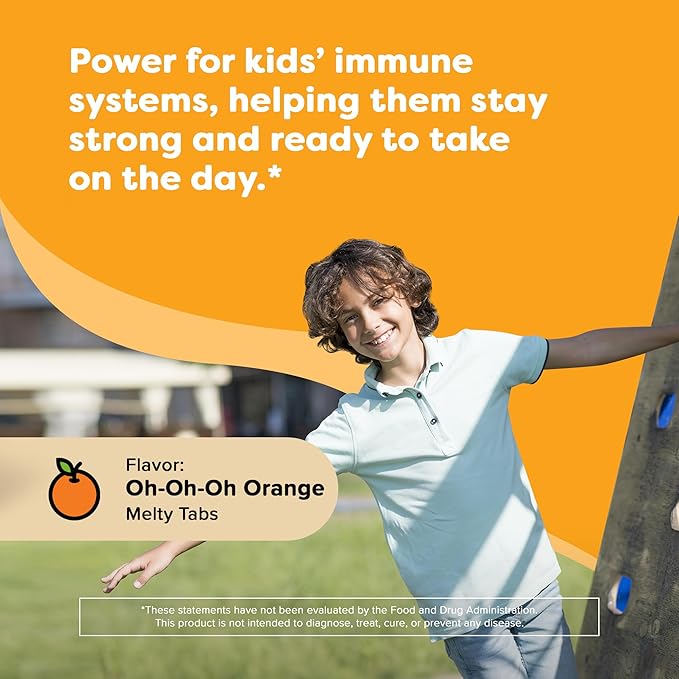 Renzo's Invincible Kids Vitamin C with Elderberry Vitamin C and Zinc, Dissolvable Kids Vitamins for Immune Support, Sugar-Free Melty Tabs, Orange Flavor, 60-Count (1-2 Month Supply)