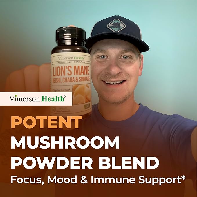 Lions Mane Supplement Capsules – Mushroom Powder Blend with Lions Mane Powder, Turkey Tail, Shiitake Mushrooms & More – Focus & Energy Supplements for Mood & Immune Support. Non-GMO. 60 Vegan Capsules