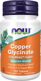 Now Foods Supplements, Copper Glycinate with 3mg Albion Copper, Promotes Structural Health*, 120 Tablets, Light Gray, Tan