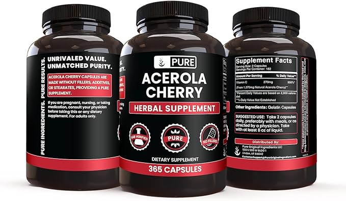 PURE ORIGINAL INGREDIENTS Acerola Cherry (365 Capsules) No Magnesium Or Rice Fillers, Always Pure, Lab Verified
