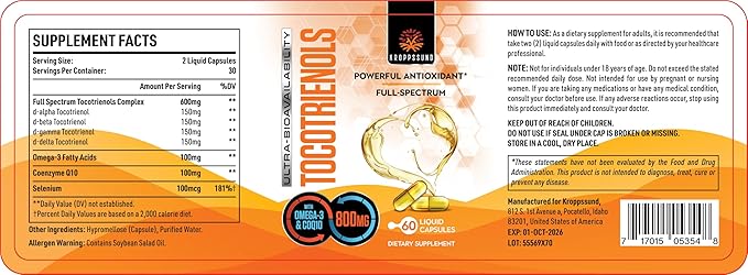 Kroppssund Tocotrienols 800mg Supplement | Rich in Vitamin E Tocotrienols, Cardiovascular, Antioxidant, Cellular Energy Production - 60 Liquid Capsules