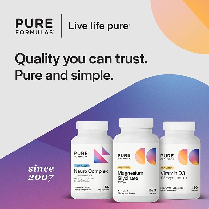 PureFormulas Magnesium Glycinate 100 mg Daily Support for Stress, Nerves, Sleep, Muscles, Metabolism Pure Magnesium Glycinate Supplement for Women and Men Magnesio Non-GMO 240 Tablets