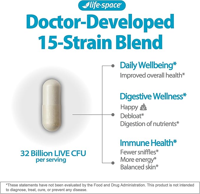 Life-Space Premium Broad Spectrum Probiotics, Clinically Proven, 32 Billion CFU & 15 Diverse Strains, Formulated for Daily Digestive Health & Immune Health, Probiotics for Women & Men, 30 Veg Capsules