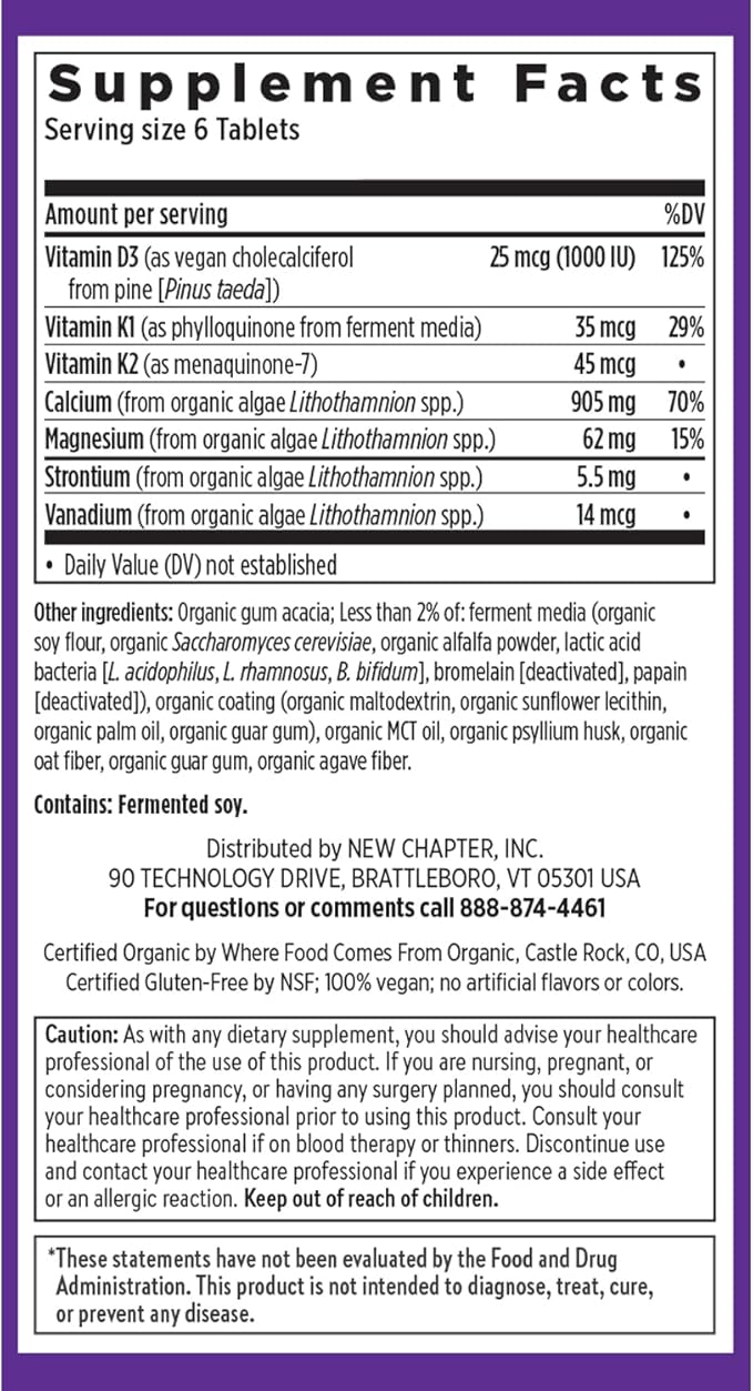 New Chapter Calcium Supplement - Bone Strength Tiny Tabs Plant-Based USDA Organic Calcium with Magnesium, Vitamin D3+K2, for Bone Health & Joint Mobility, Heart Support, 905 mg dose - 120 Tiny Tabs