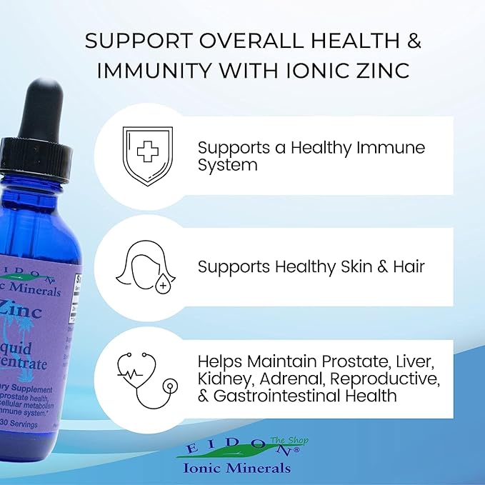 Eidon Ionic Minerals Liquid Silica & Zinc Drops, 2 Fl Oz, Immune Health, Skin Care, All-Natural Ingredients, No Artificial Colors or Preservatives