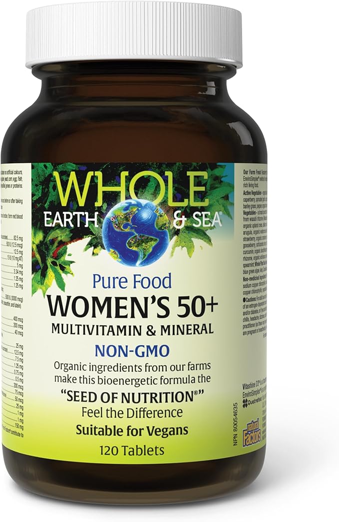 Natural Factors Whole Earth & Sea Women's 50+ Multivitamin & Mineral - Daily Multivitamin with Calcium, Selenium & More - Supports Bone & Brain Health - 120 Tablets (60 Servings)