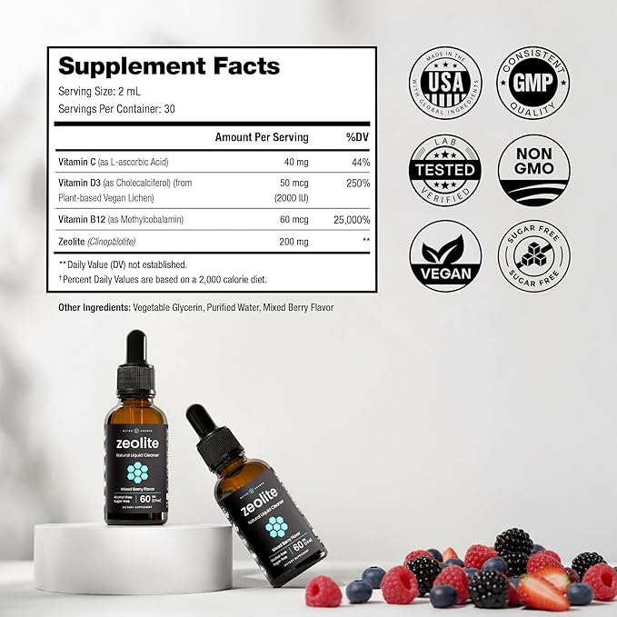 NutraChamps Zeolite Liquid Mineral Drops with Vitamins C, D3 & B12 - Immune Support Clinoptilolite Mineral Supplement for Daily Wellness Support – 60 mL, Berry Flavor