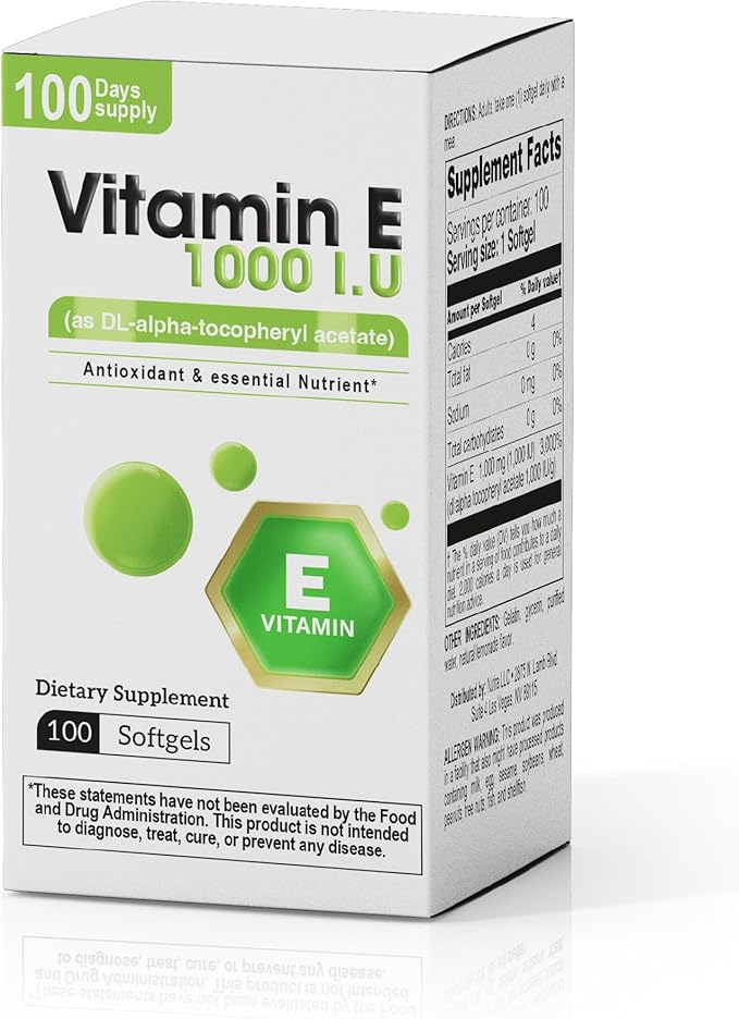 Nutra Vitamin E 1000 IU Softgels (as DL-Alpha-tocopheryl Acetate) – Antioxidant Support, Skin & Hair Health, 100 Softgels – Vitamin E Complex Formula