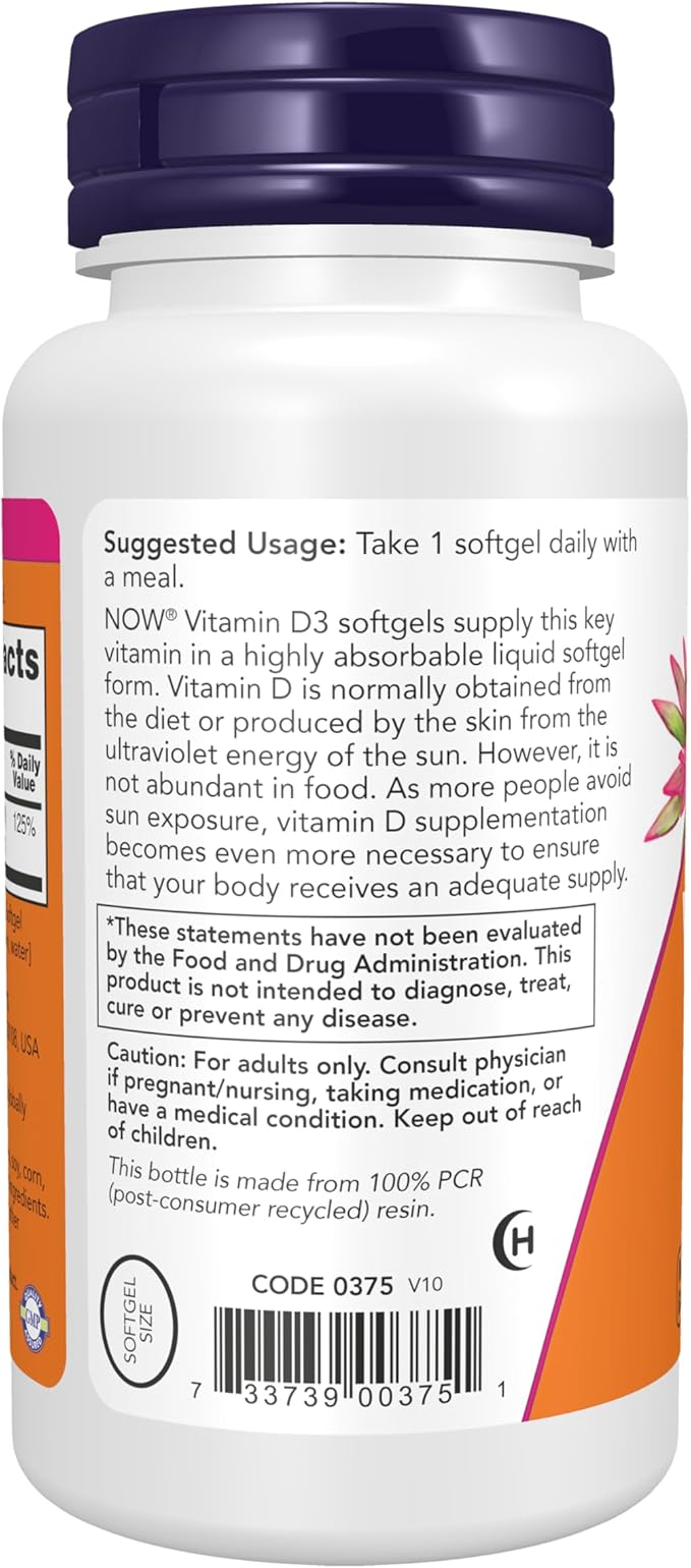 NOW Foods Supplements, Vitamin D-3 1,000 IU, High Potency, Structural Support*, 360 Softgels
