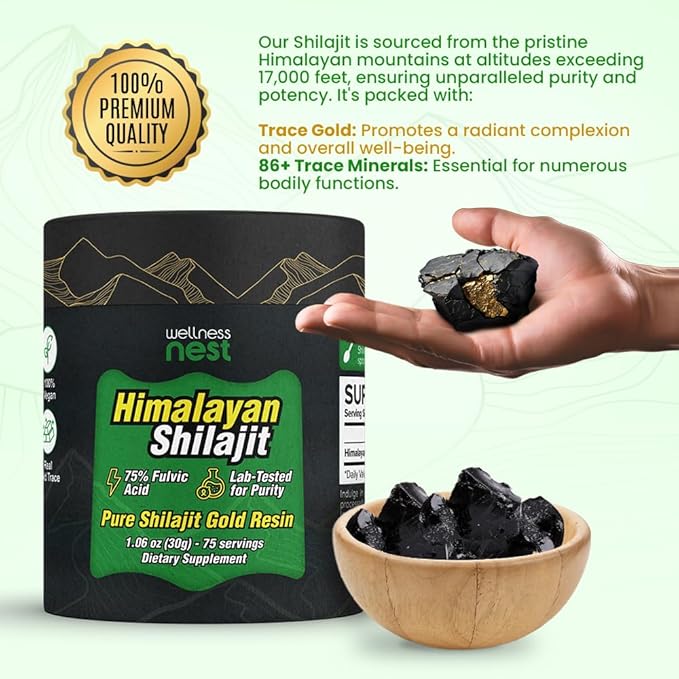Wellness Nest Gold Grade Pure Himalayan Shilajit Resin: Ultimate Potency for Men & Women - 24k Gold, 75%+ Fulvic Acid, Lab Test Report Included - 30g (1 Pack), 75 Servings