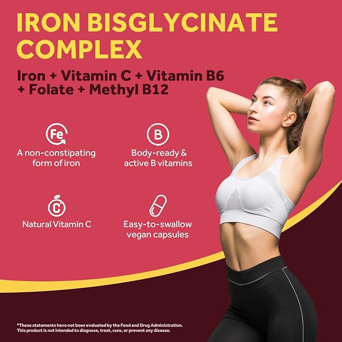 Doctor's Recipes Iron Supplement for Women Men - Gentle Iron Bisglycinate with Vitamin C, B6, Folate & B12, Stomach Friendly Iron Pills, 30 Vegan Caps