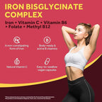 Doctor's Recipes Iron Supplement for Women Men - Gentle Iron Bisglycinate with Vitamin C, B6, Folate & B12, Stomach Friendly Iron Pills, 120 Vegan Caps