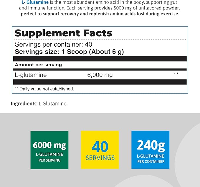 L-Glutamine Premium Powder - 6,000 mg per Serving for Muscle Recovery - Unflavored, Vegan, Non-GMO, Gluten-Free, Dairy-Free, 40 Servings for Improved Performance and Faster Recovery