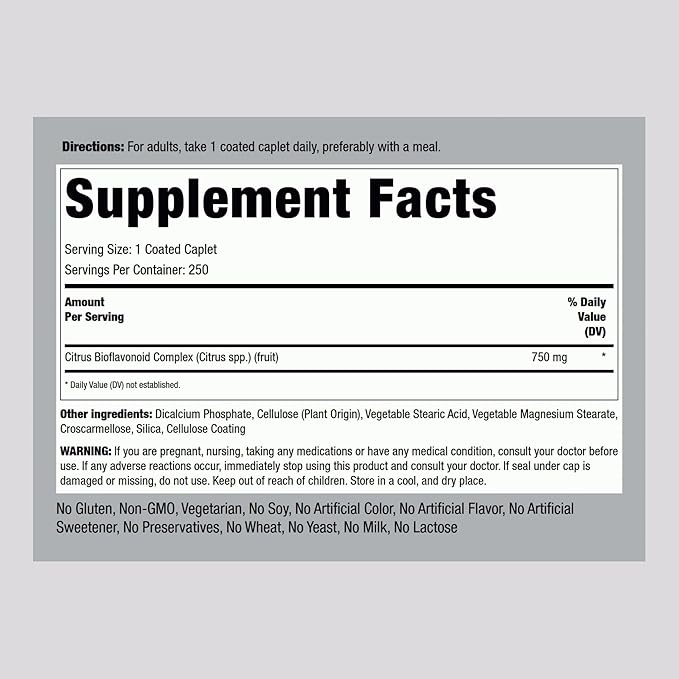 Piping Rock Citrus Bioflavonoids Complex | 750 mg | 250 Caplets | Non-GMO, Gluten Free Supplement
