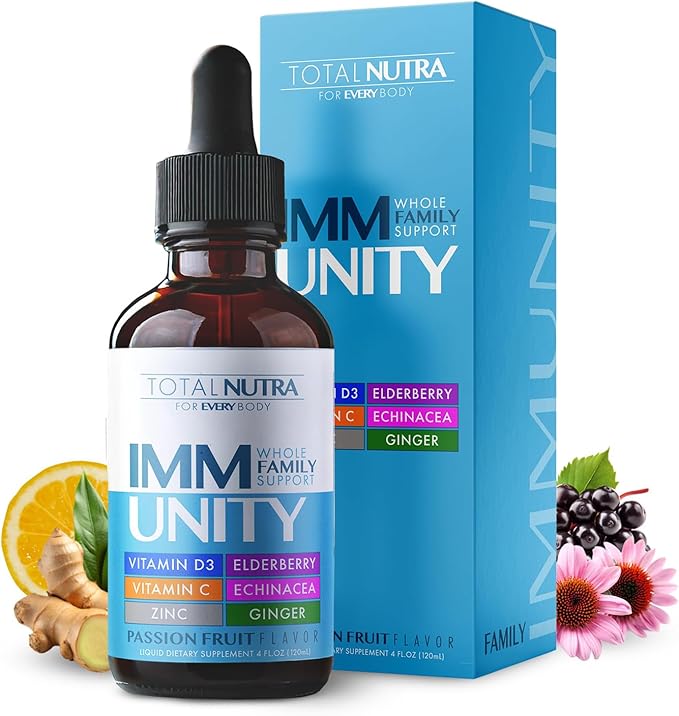 Total Immune 6-in-1 Liquid Multivitamin Supplement | 100% Daily Zinc, Vitamin D3, Vitamin C Immunity Drops Vitamin Liquid | Elderberry, Echinacea, Ginger Support for Adults & Kids | 4 oz Passion Fruit