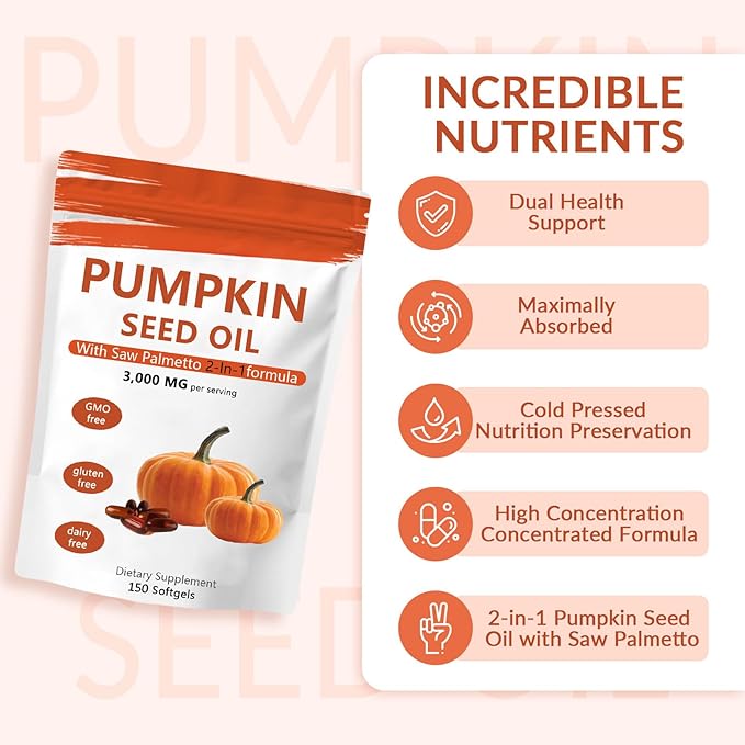 Pumpkin Seed Oil Capsules, 2 in 1 Pumpkin Seed Oil with Saw Palmetto for Hair Growth, 3000mg Per Serving, Cold Pressed, Supports Hair, Heart, Skin Supplement | Non-GMO | 150 Softgels | Only 1 Bag