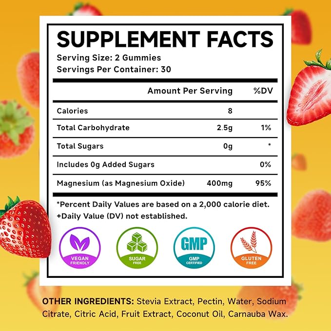Magnesium Oxide Gummies 400mg, Chewable Magnesium Oxide Supplement for Adults & Kids, Muscle Function Support, Non-GMO, Sugar-Free, Strawberry Flavor, 60 Count
