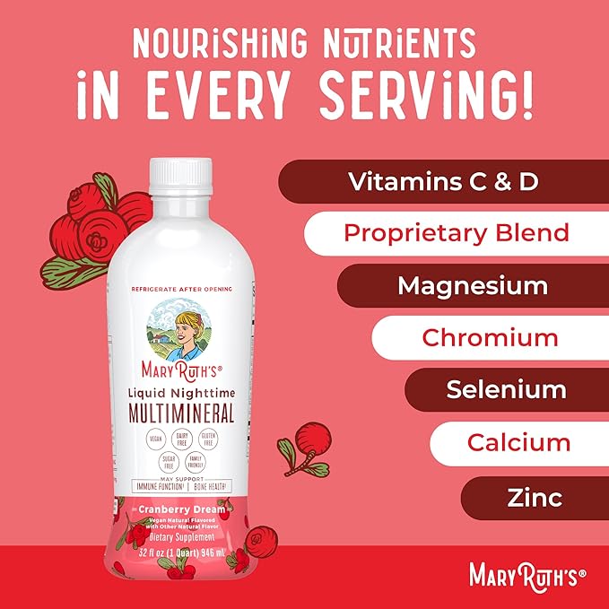 MaryRuth's Liquid Nighttime Multimineral | No Melatonin | Bedtime Routine | Magnesium Citrate | Calcium | Zinc | Vitamin D3| Available in 4 Flavor - Vegan | Sugar Free | Gluten Free | 32 Oz