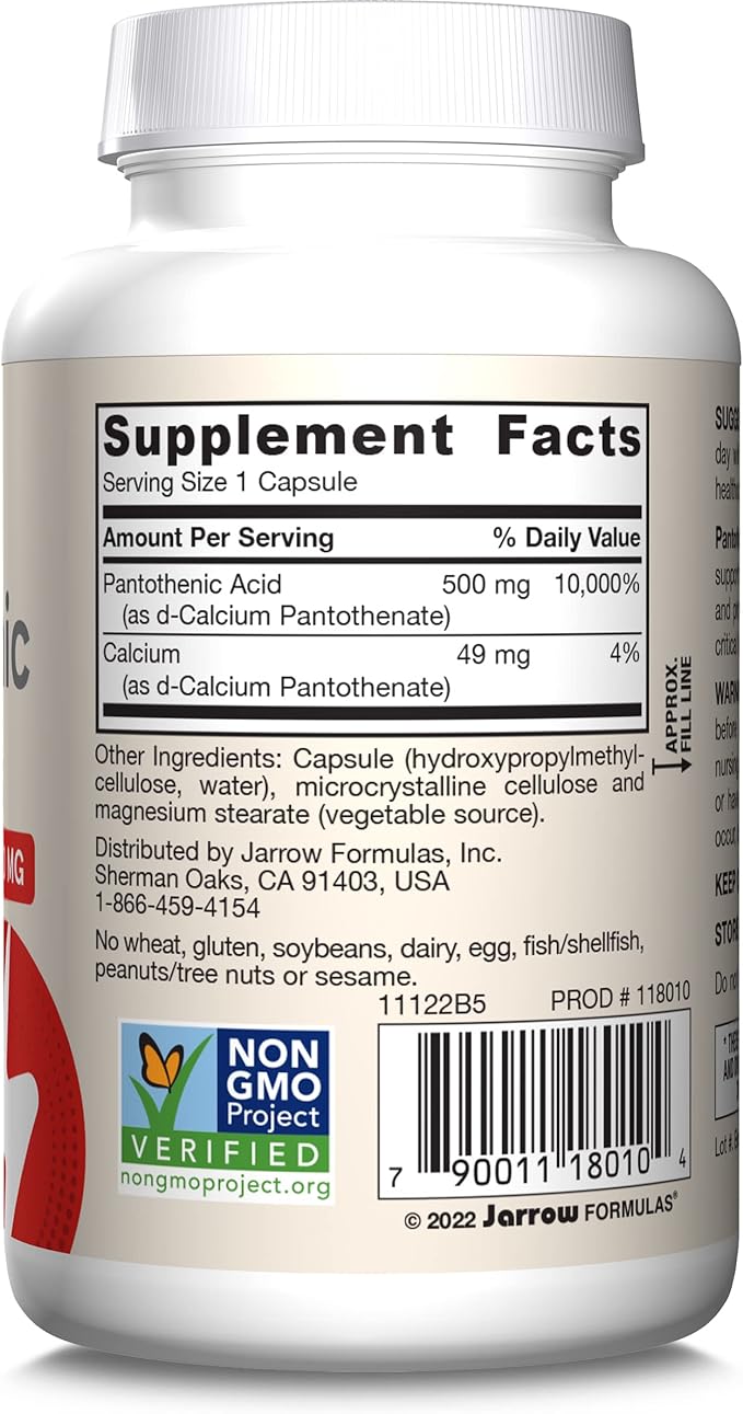Jarrow Formulas Pantothenic Acid B5 500 mg, Dietary Supplement, Vitamin B5 for Adrenal Hormone Support and Cellular Energy Metabolism, 100 Veggie Capsules, 100 Day Supply
