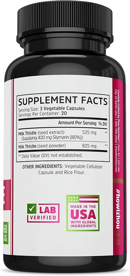 Zhou Milk Thistle - Liver Health Supplement, Silymarin Milk Thistle Extract & Powder for Men & Women, Herbal Cleanse Support, Metabolic Health - 60 Vegetarian Capsules