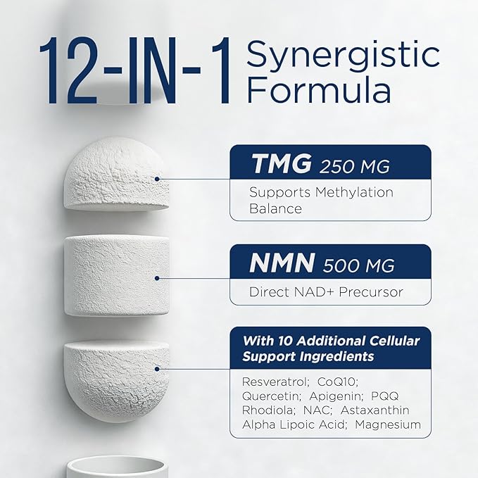 NMN Supplement Liposomal Neuro NMN with Resveratrol, TMG, Quercetin, CoQ10, Rhodiola, NAC, Astaxanthin & Magnesium NAD+ Precursor Supports Brain Cellular Energy & NAD+ Levels | 60 Delayed Release Caps