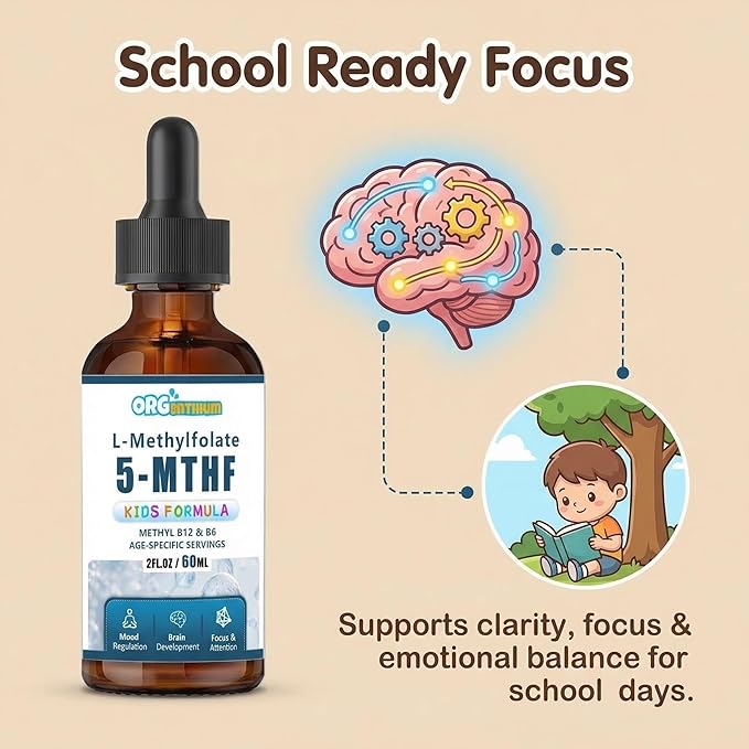 Kids L-Methylfolate B12 Drops 5-MTHF, Active Methylated B9 & B12 Supplement for Children, Supports Cognitive Brain Focus, Mood & Energy - Bioavailable Liquid Formula - Natural Flavor
