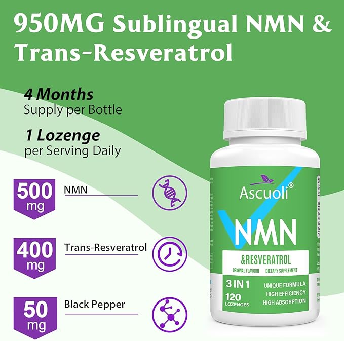 Sublingual NMN 500mg + Trans-Resveratrol 400mg, 3-in-1 Advanced Formula 99% Pure NMN Resveratrol Supplement for Boost* NAD, Cell, Immune, Energy & Muscle, Anti-Aging, 240 Lozenges, 240-Day Supply