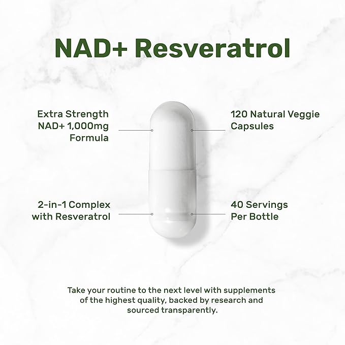 NAD+ Resveratrol Supplement 1,000mg Per Serving, 120 Veggie Capsules | 2-in-1 Extra Strength NMN Supplement Alternative | NAD Supplements for Women & Men | Non-GMO, Gluten Free