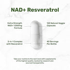NAD+ Resveratrol Supplement 1,000mg Per Serving, 120 Veggie Capsules | 2-in-1 Extra Strength NMN Supplement Alternative | NAD Supplements for Women & Men | Non-GMO, Gluten Free