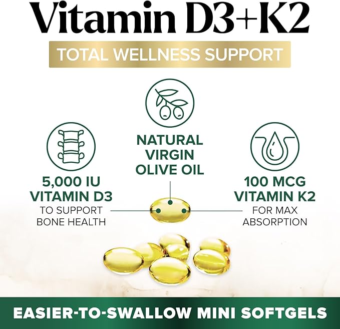 D3 K2 Vitamin - 5000 IU D3 Per Serving - High Potency Vitamin D3 Supplement - Advanced 2-in-1 Complex Vitamin D & Vitamin K2 (MK7) - Easy to Swallow, Bone & Immune Support - USA Bottled - 240 Softgels