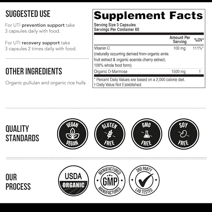 Mannose-C - Organic D-Mannose + Whole Food Vitamin C, Natural UTI Support Supplement to Flush & Cleanse Urinary Tract, Certified Organic Urinary Health for Women, Vegan, Non-GMO (180 Count)