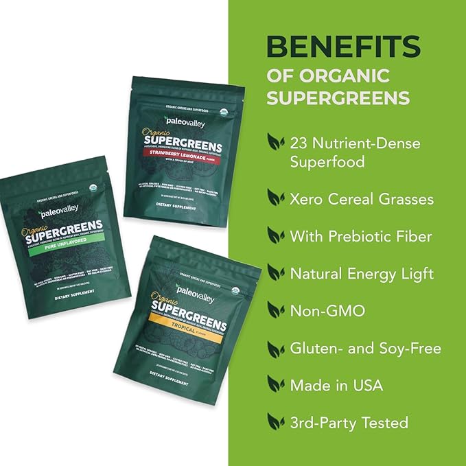 Paleovalley Organic Supergreens Powder - 23 Superfoods with Prebiotic Fiber for Energy and Immunity Support - No Cereal Grasses for Maximum Absorption - Pure Unflavored, 30 Servings