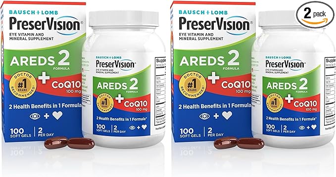 PreserVision AREDS 2 Eye Vitamins with CoQ10 for Heart Health,#1 Eye Doctor Recommended Brand,Lutein and Zeaxanthin Supplement with Vitamin C & E,Zinc,and Copper,100 Softgels,(Pack of 2)
