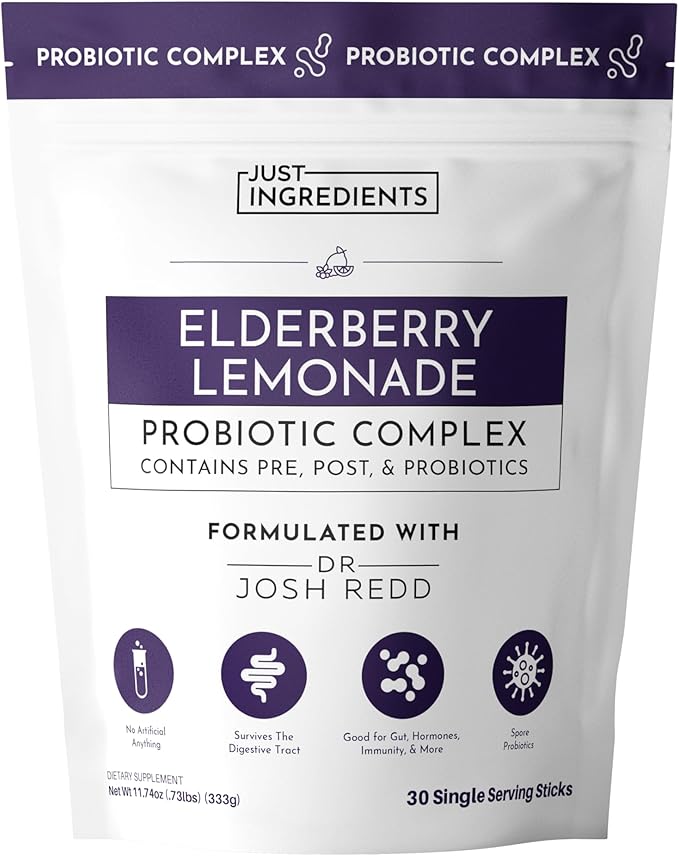 JUST INGREDIENTS Elderberry Lemonade 3-in-1 Probiotic Complex - Prebiotics, Probiotics & Postbiotics - 30 Sticks