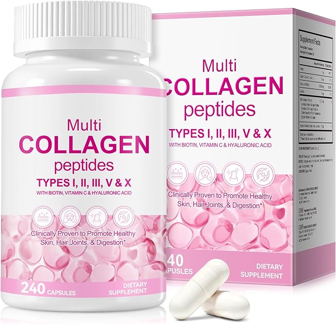 Multi Collagen Peptides Capsules, 240Pcs, Type I,II，V, X for Healthy Skin, Bone, Joint, Hair, Nail|Hydrolyzed Collagen Peptides, Easy Digestion, Unflavored for Women & Men