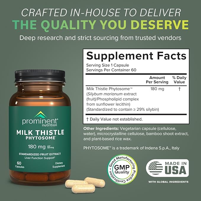 Prominent Nutrition Milk Thistle Phytosome, Clinically Researched Siliphos Milk Thistle Extract for Liver Function, Detox, and Cleanse Support, Standardized to 29% Sylibin, 180 mg, 60 Capsules -1 Pack