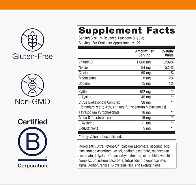 Metagenics Ultra Potent‑C Vitamin C Powder - Immune Support Supplements* - Gentle on Stomach - with Bioflavonoids, L‑Glutathione & L‑Lysine - Non‑GMO, Gluten‑Free - 8.39 oz